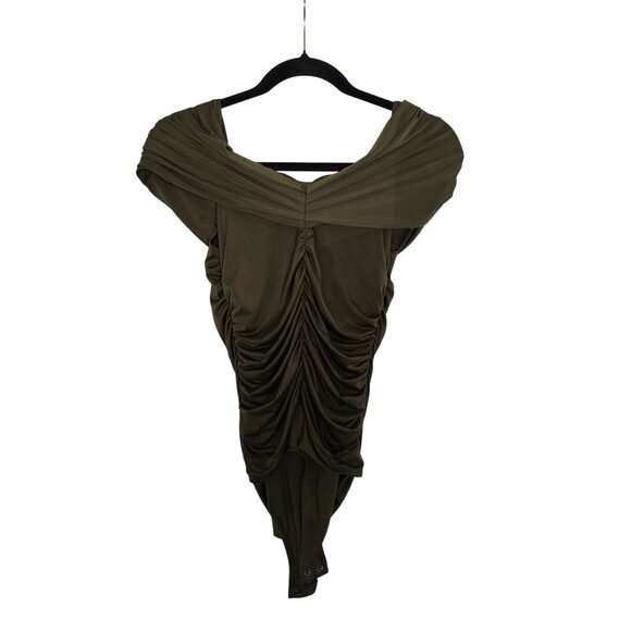 Express Body Contour Olive Off-Shoulder Ruched Bodysuit M Stretch - Picture 3 of 9
